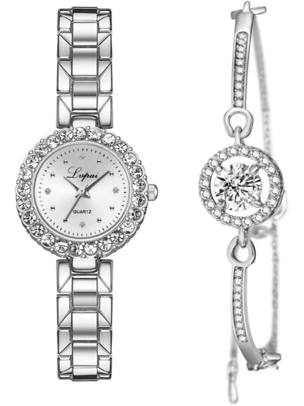 Womens Silver Analog Quartz Classic Alloy Strap Crystal Bracelet Set Wrist Watch
